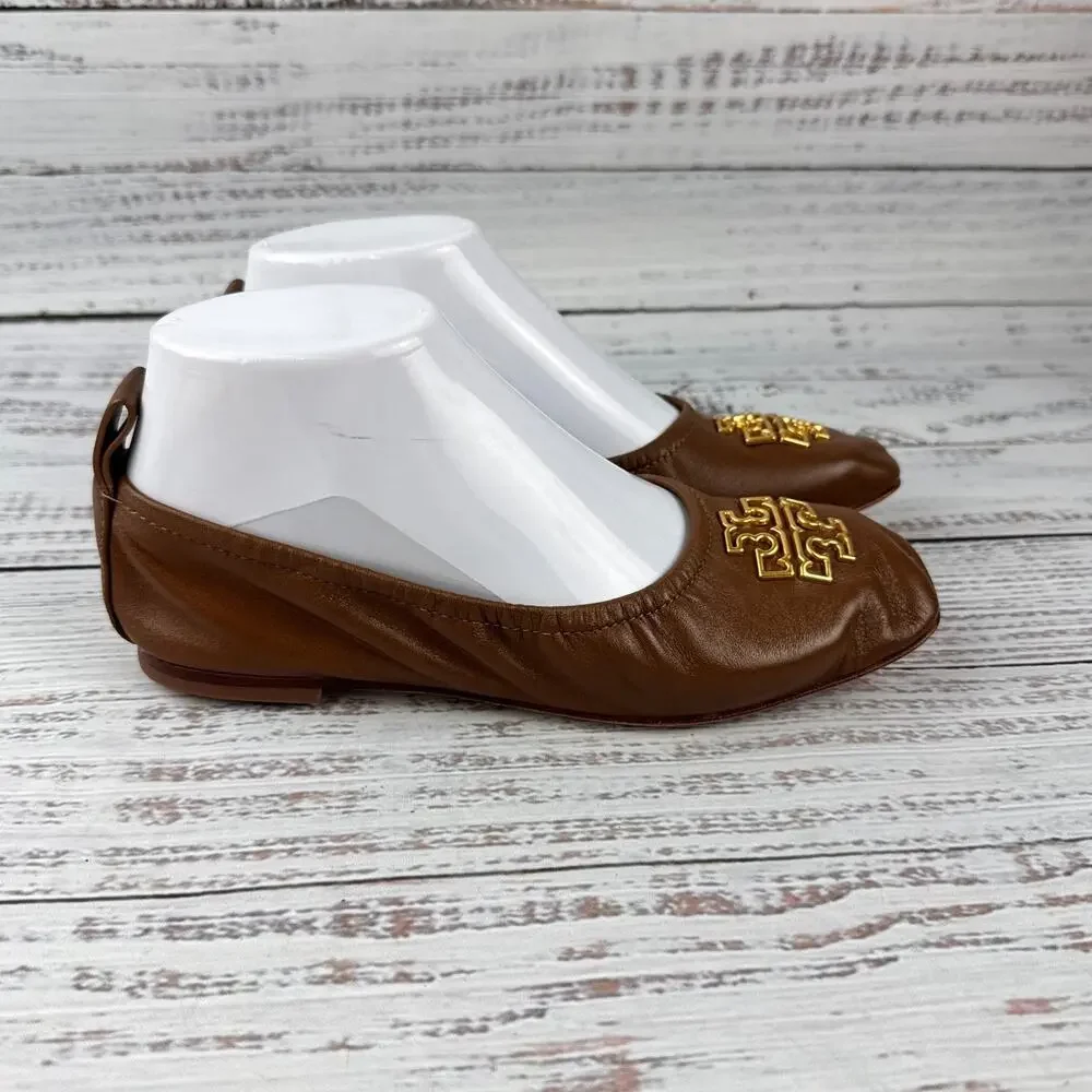Tory Burch Britten Womens US 5M Ballet Flats Brown Leather Gold Logo